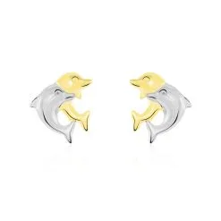 Histoire D'Or Boucles D'oreilles Puces Fulvie Double Dauphins Or Bicolore
