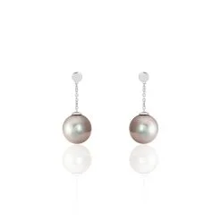 Histoire D'Or Boucles D'oreilles Pendantes Semi-ronde Or Blanc Perle De Tahiti
