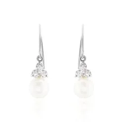 Histoire D'Or Boucles D'oreilles Pendantes Taissia Or Blanc Perle Culture Et Oxyde